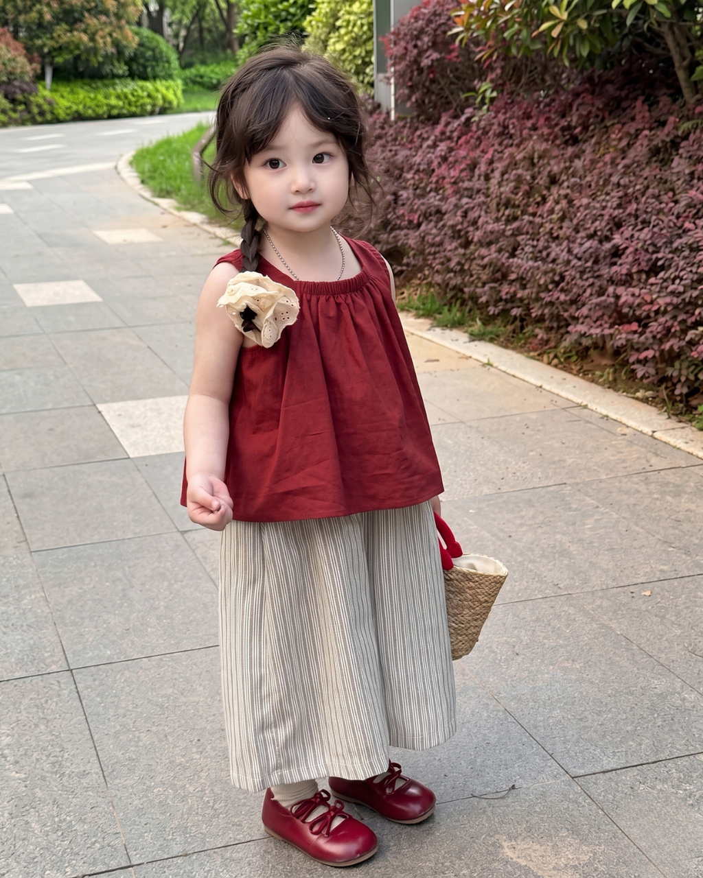Aadhya – Maroon Floral Top & Striped Pants Co-Ord Set