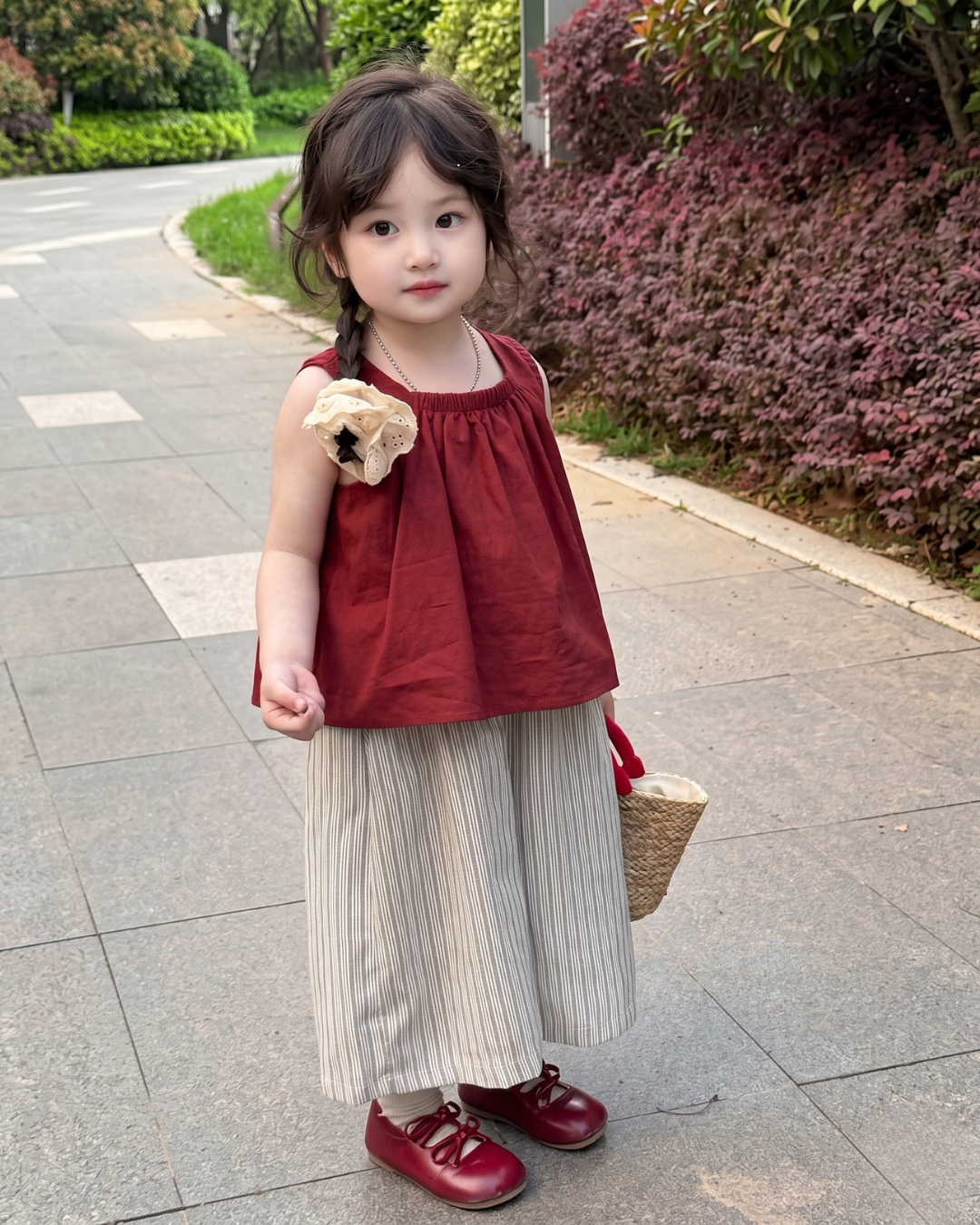 Aadhya – Maroon Floral Top & Striped Pants Co-Ord Set