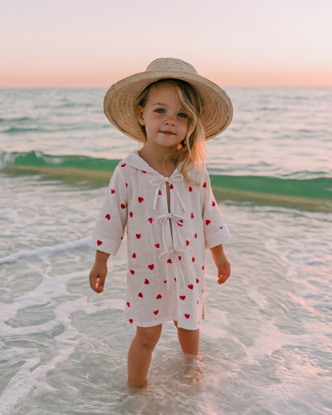 Ira – Ivory Red Heart Print Sailor Collar Beach Dress