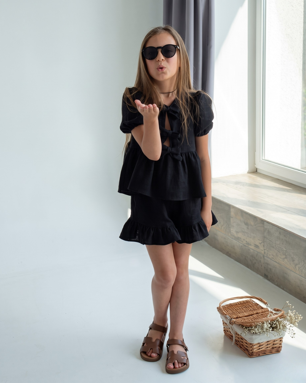 Nyra – Black Puff Sleeve Bow Detail Top Shorts Co-Ord Set