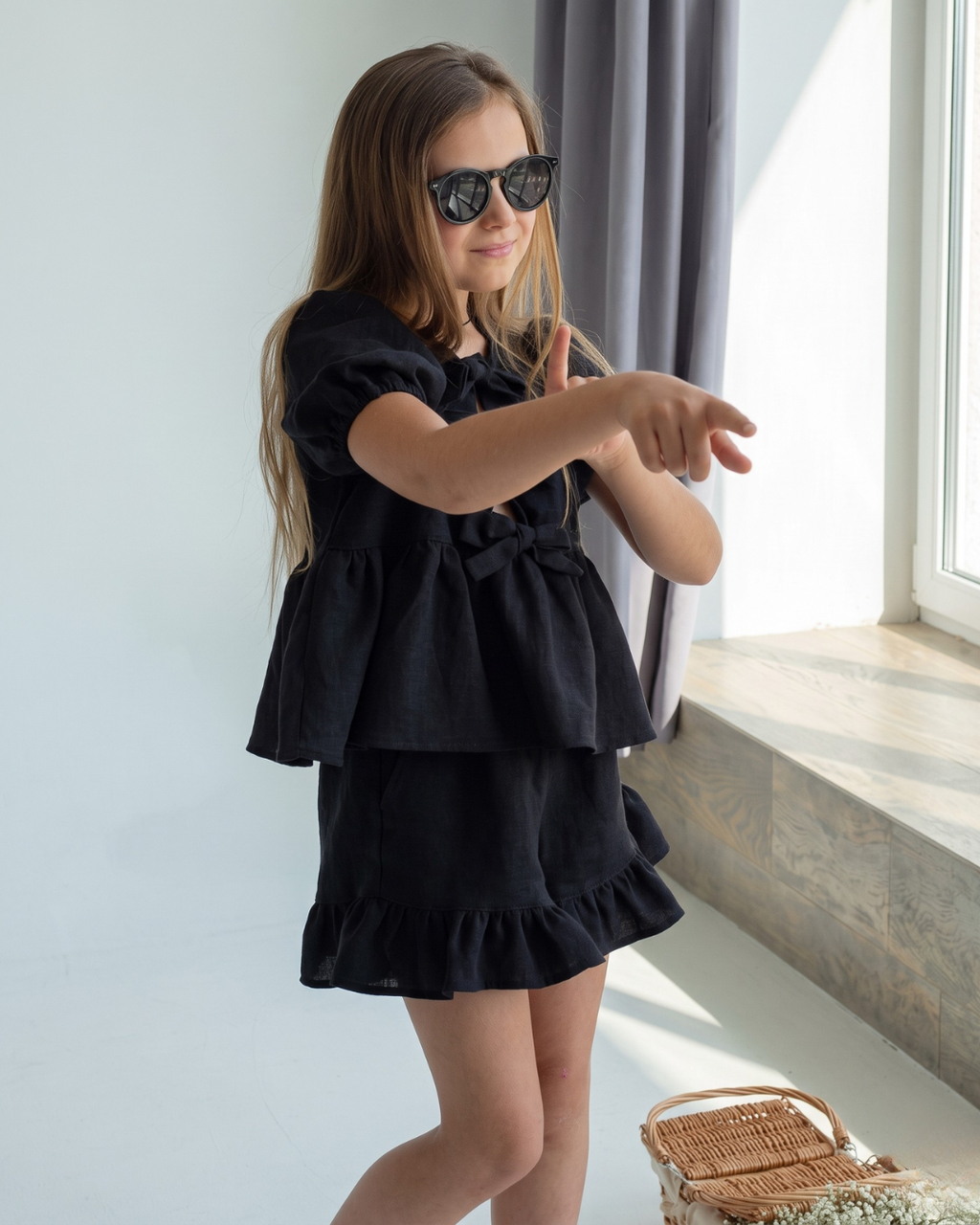 Nyra – Black Puff Sleeve Bow Detail Top Shorts Co-Ord Set