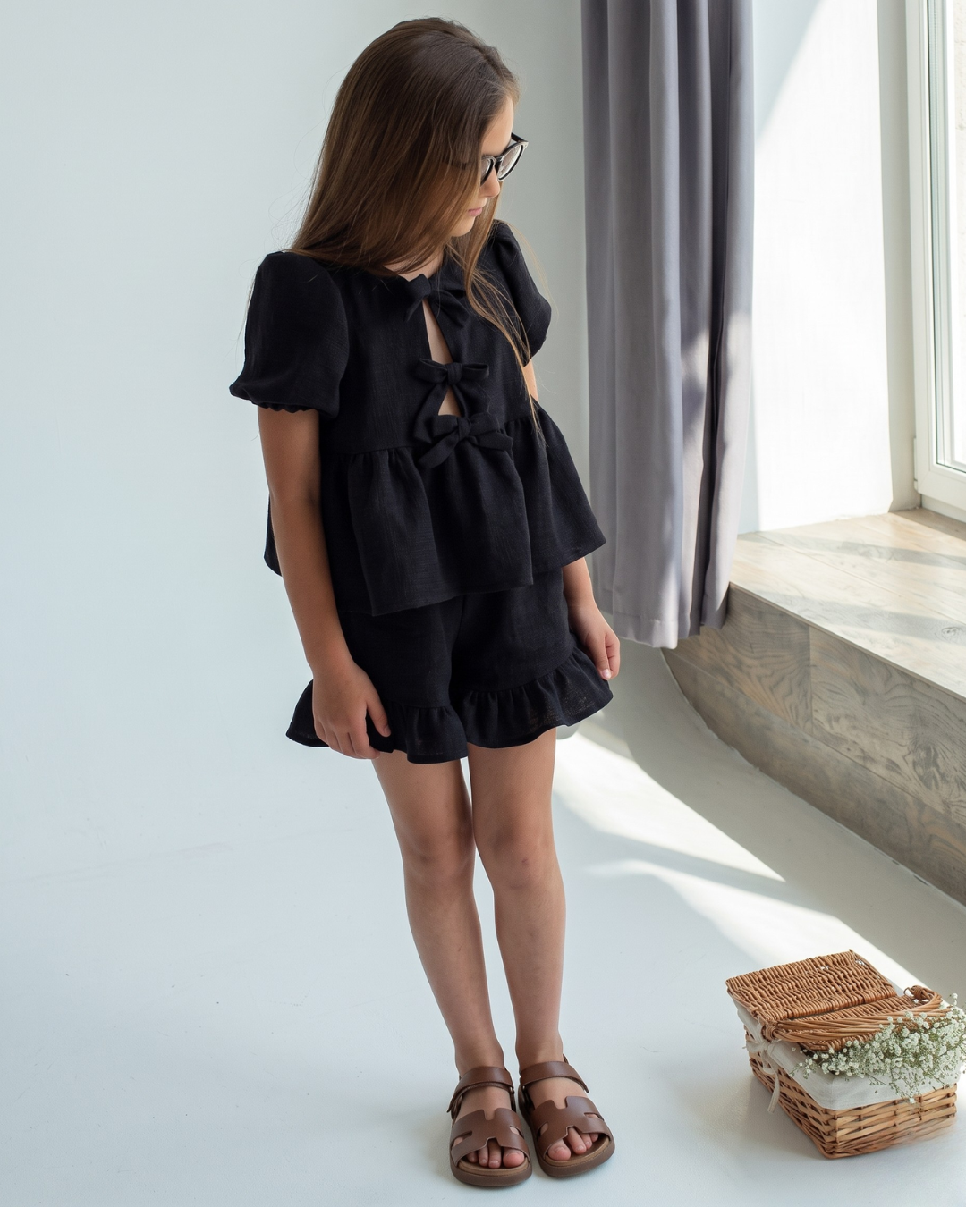 Nyra – Black Puff Sleeve Bow Detail Top Shorts Co-Ord Set