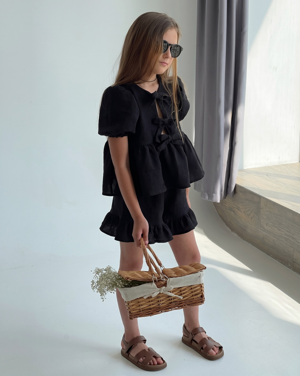 Nyra – Black Puff Sleeve Bow Detail Top Shorts Co-Ord Set