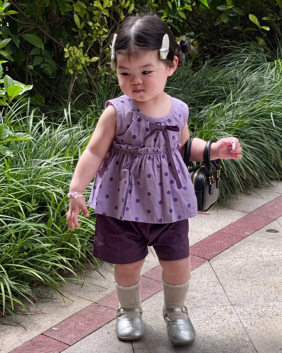 Aarvi - Lavender Polka Dot Peplum Top Shorts Set